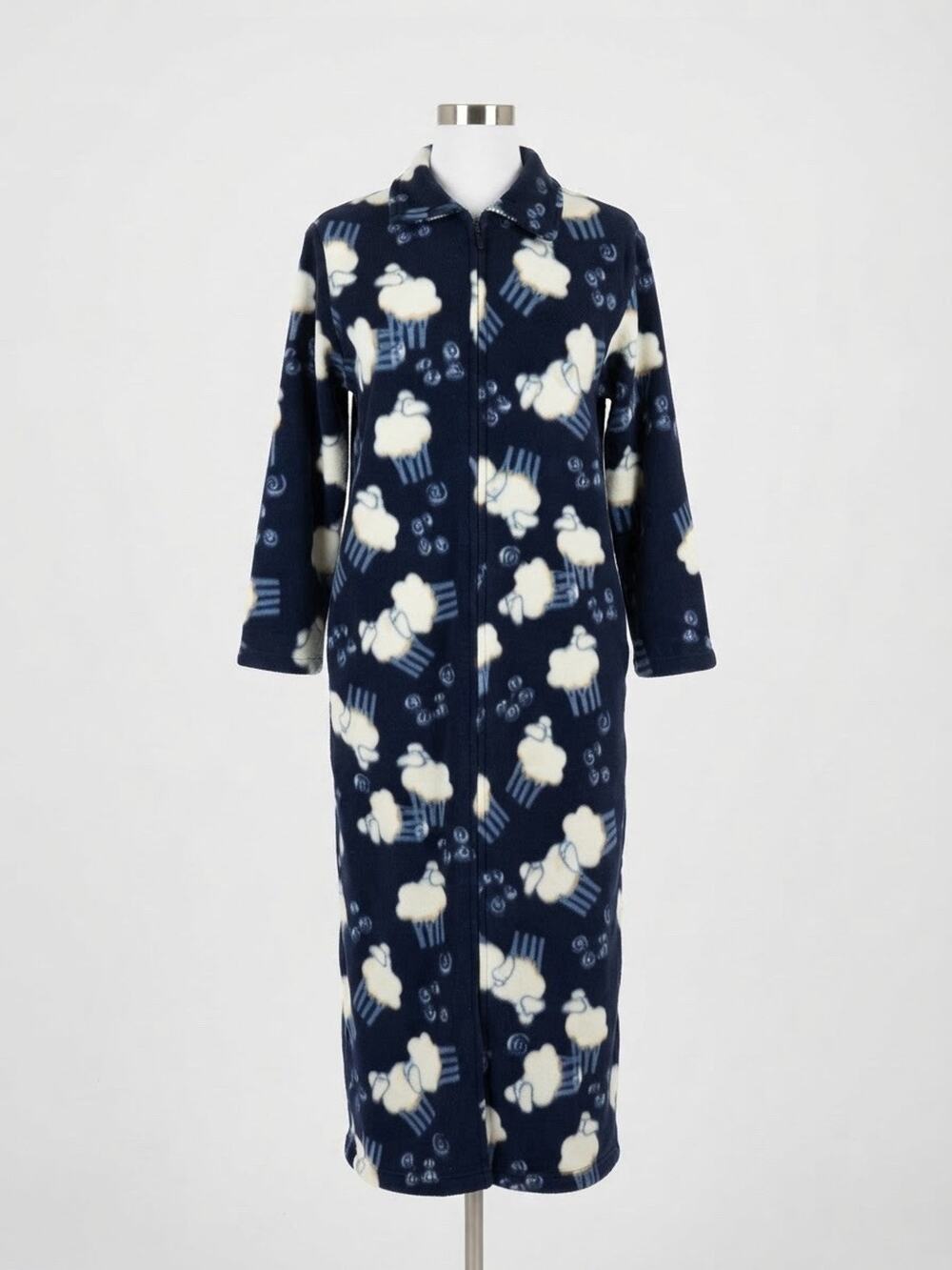 VTG Kathy Ireland Navy Blue White Sheep Fleece Zip Up House Dress Robe S Long